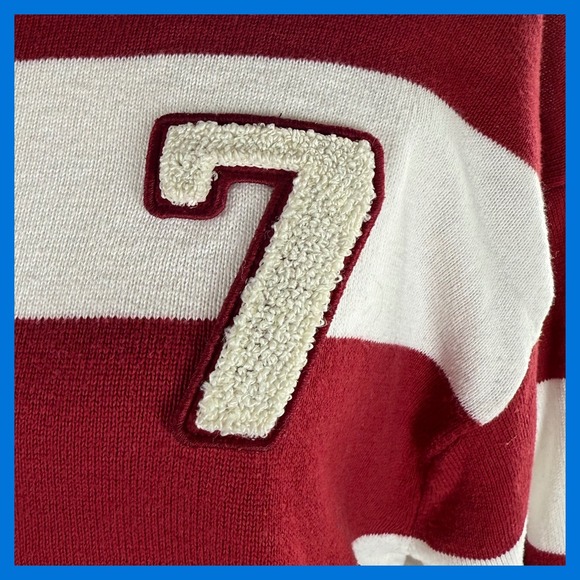 Zara Striped Knit Sweater Red White Number 7 Applique Preppy Collegiate Pullover - Picture 10 of 13